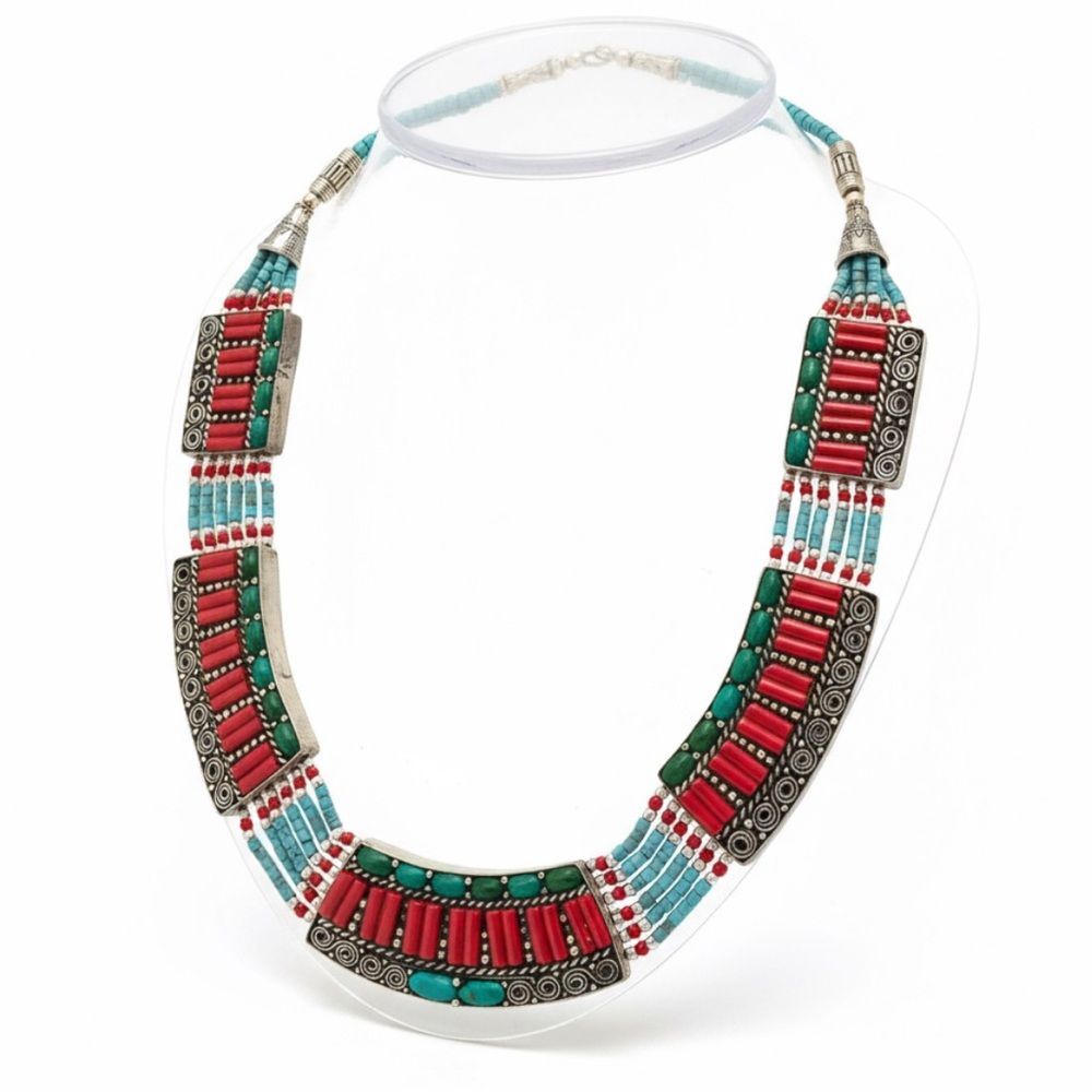 Sterling Silver 925 Tribal Boho Statement Necklace Red Turquoise Beads
